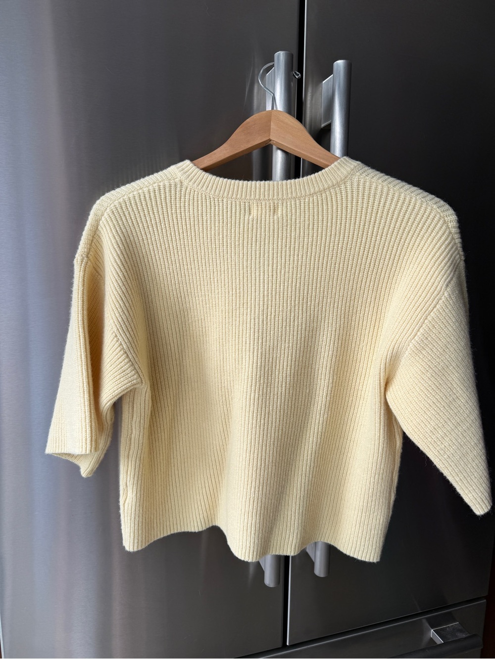 AUREUM Pale Yellow Ribbed Button-Front Short Sleeve Cardigan - Picture 3 of 3